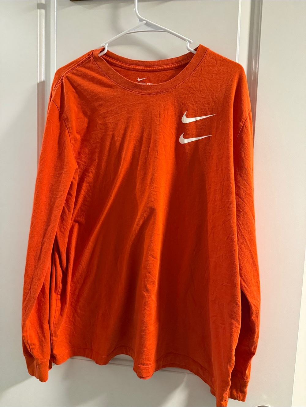 Nike Orange Long Sleeve Shirt with Dual White Swooshes (See back for graphic)